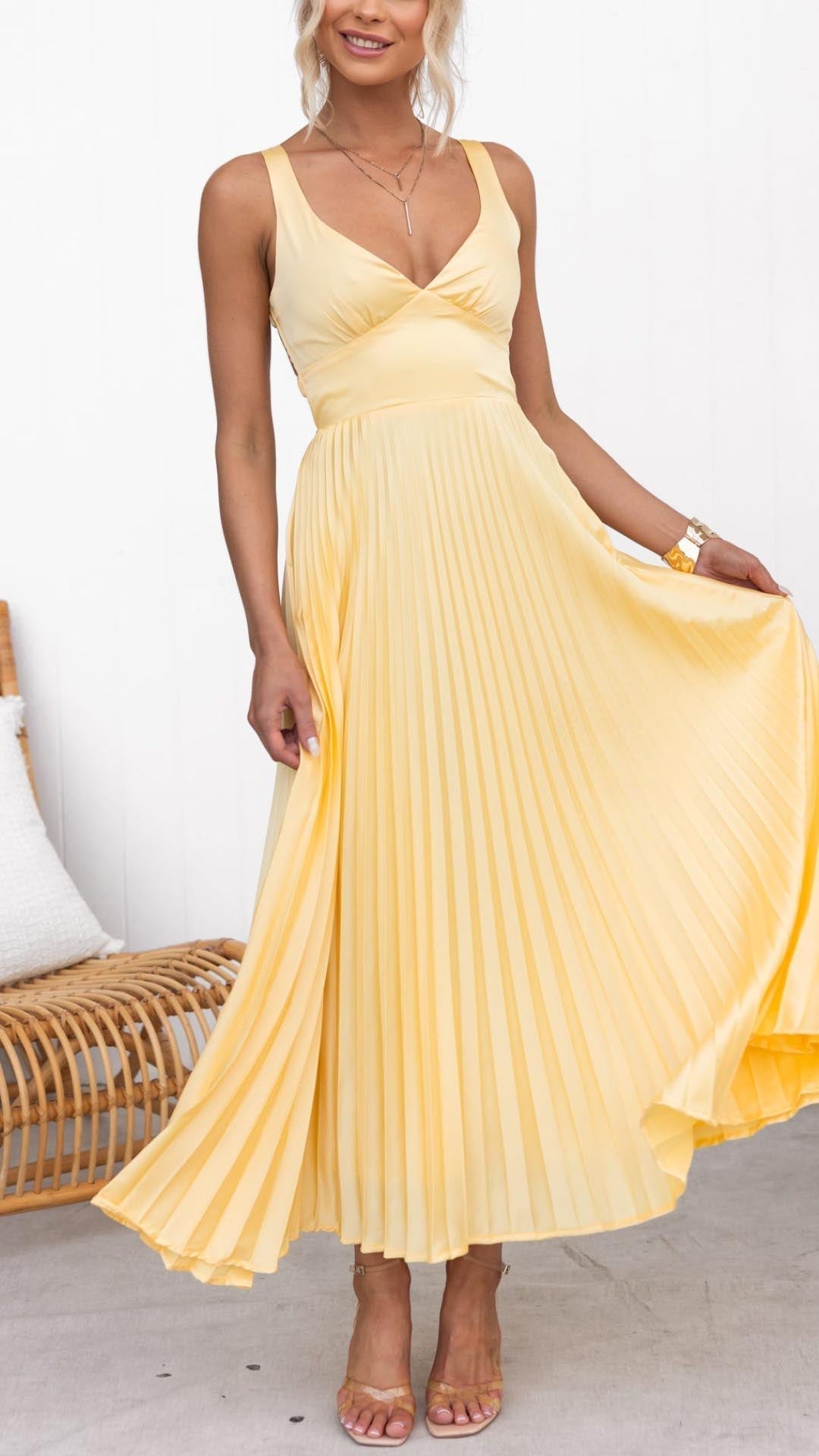 Ingrid – V-Neck Yellow Pleated Maxi Dress