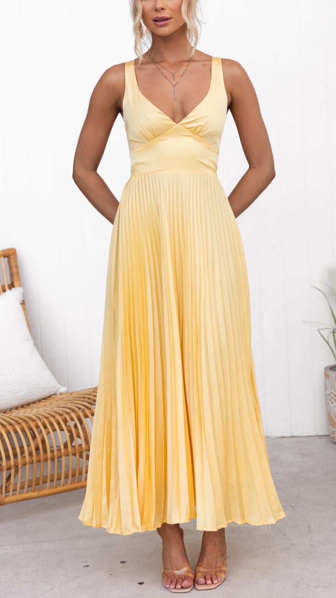 Ingrid – V-Neck Yellow Pleated Maxi Dress