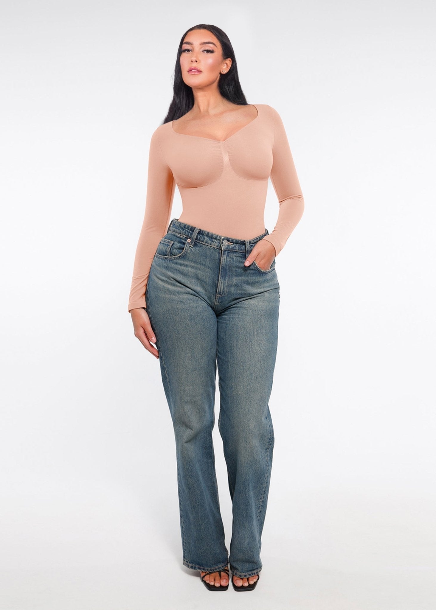 Marcella - Seamless Long Sleeve Bodysuit with Thong, Bust Support, and Tummy Shaping