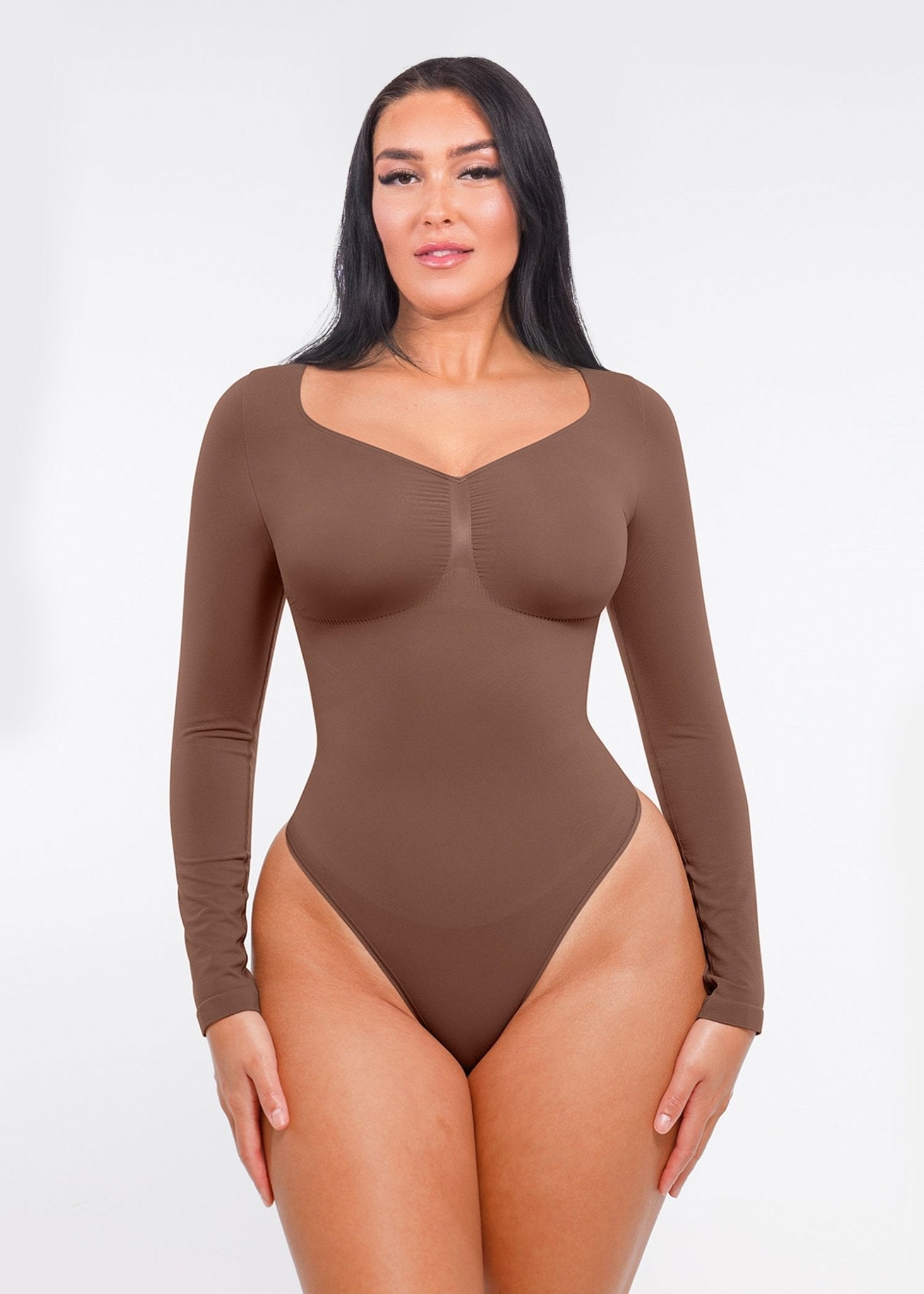 Marcella - Seamless Long Sleeve Bodysuit with Thong, Bust Support, and Tummy Shaping