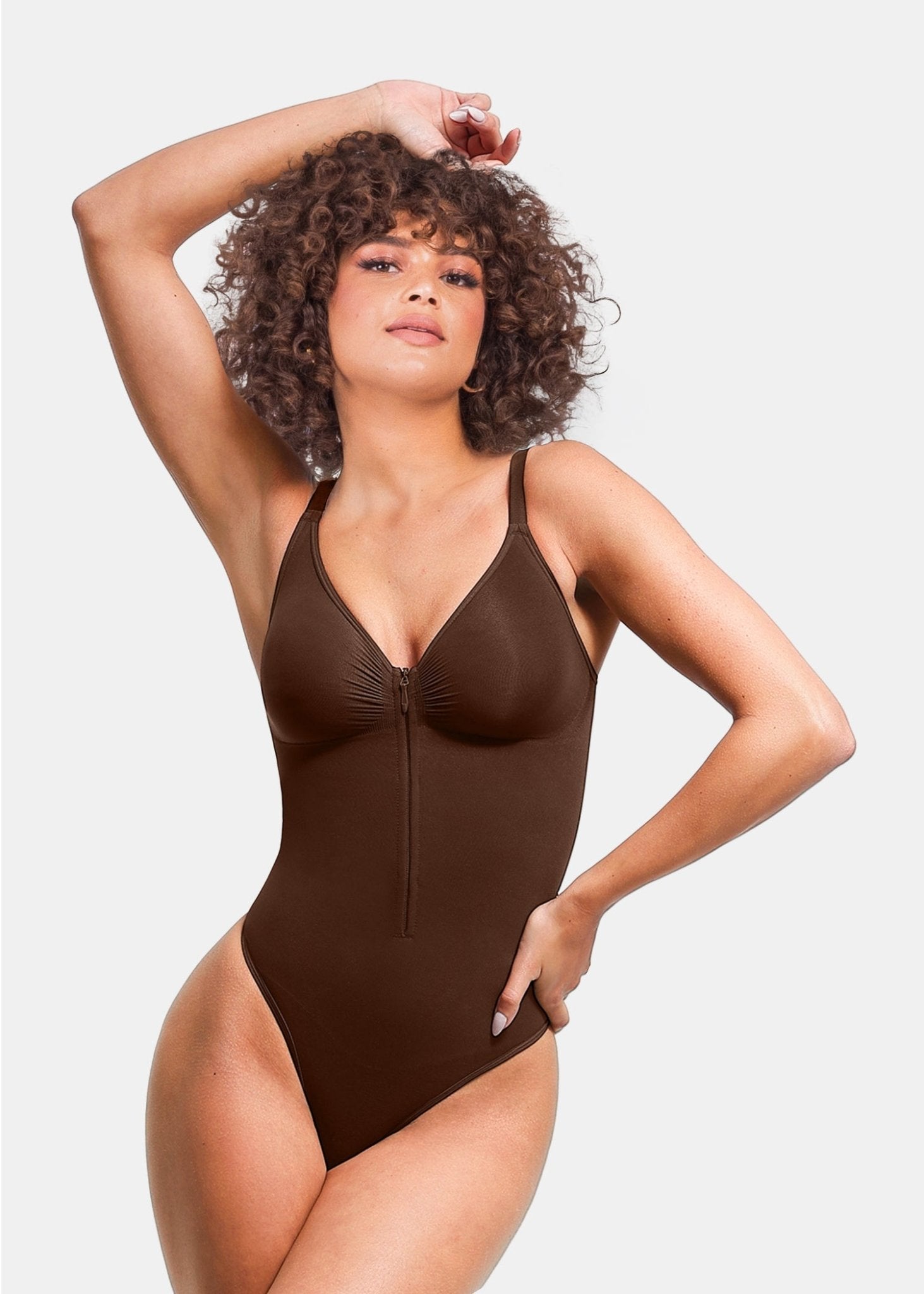 Stefanie Zipper - Seamless Plunge Bodysuit with Built-in Breast Support and Internal Clips