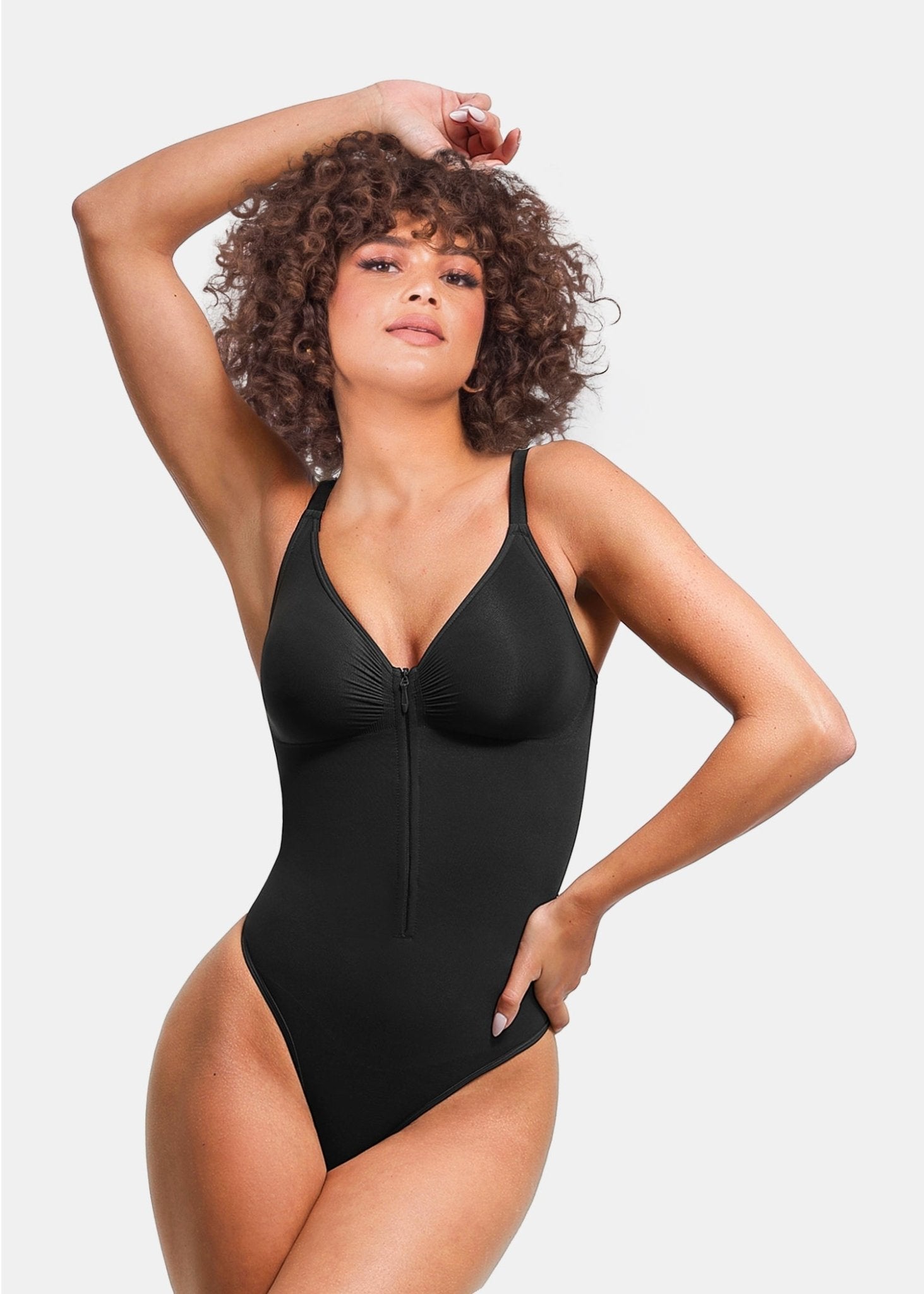 Stefanie Zipper - Seamless Plunge Bodysuit with Built-in Breast Support and Internal Clips