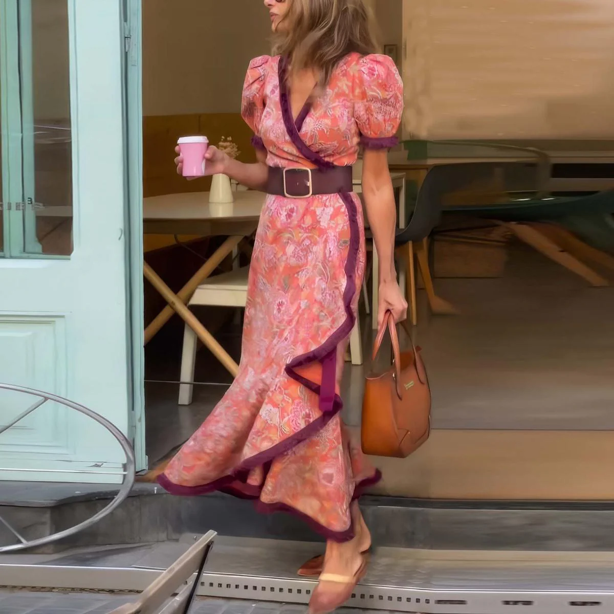 Elske - Short Sleeve Pink Maxi Dress