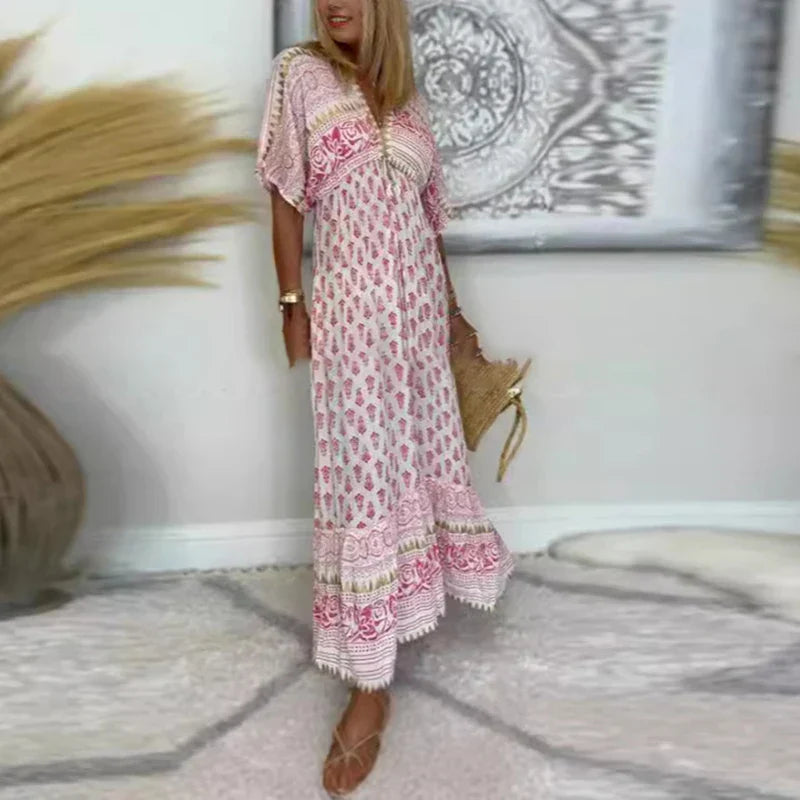 V-Neck Printed Boho Maxi Dress