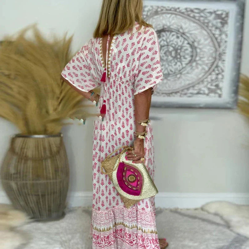 V-Neck Printed Boho Maxi Dress