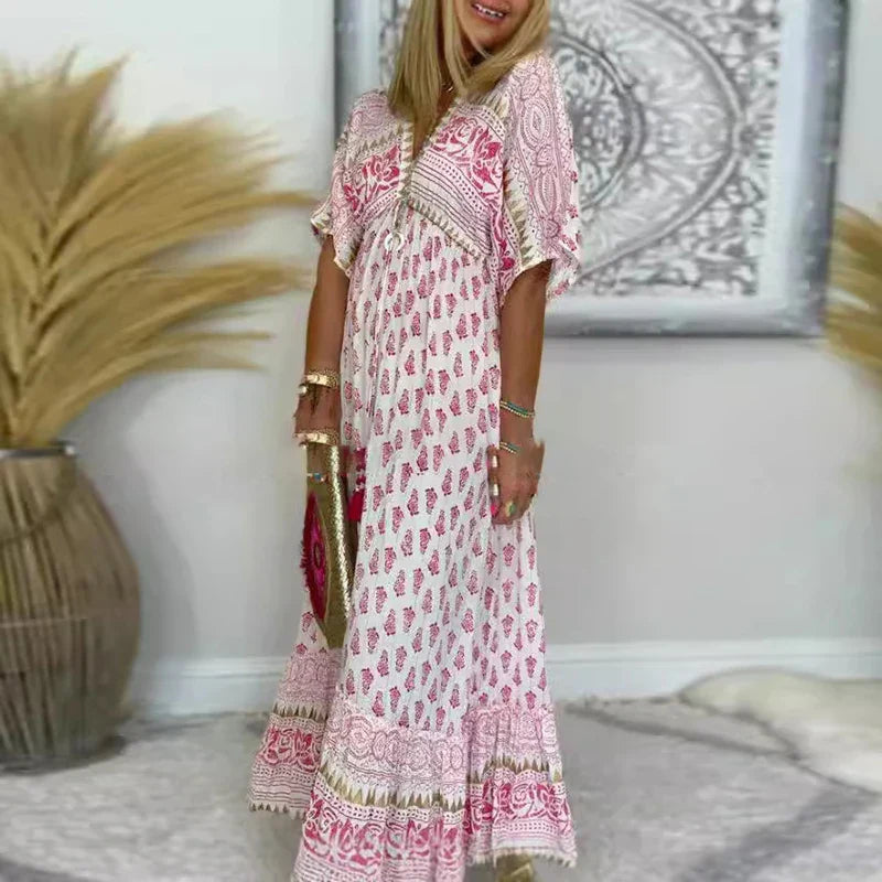 V-Neck Printed Boho Maxi Dress