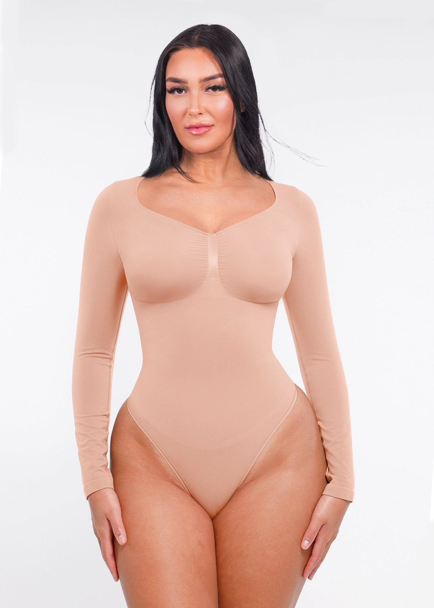 Marcella - Seamless Long Sleeve Bodysuit with Thong, Bust Support, and Tummy Shaping