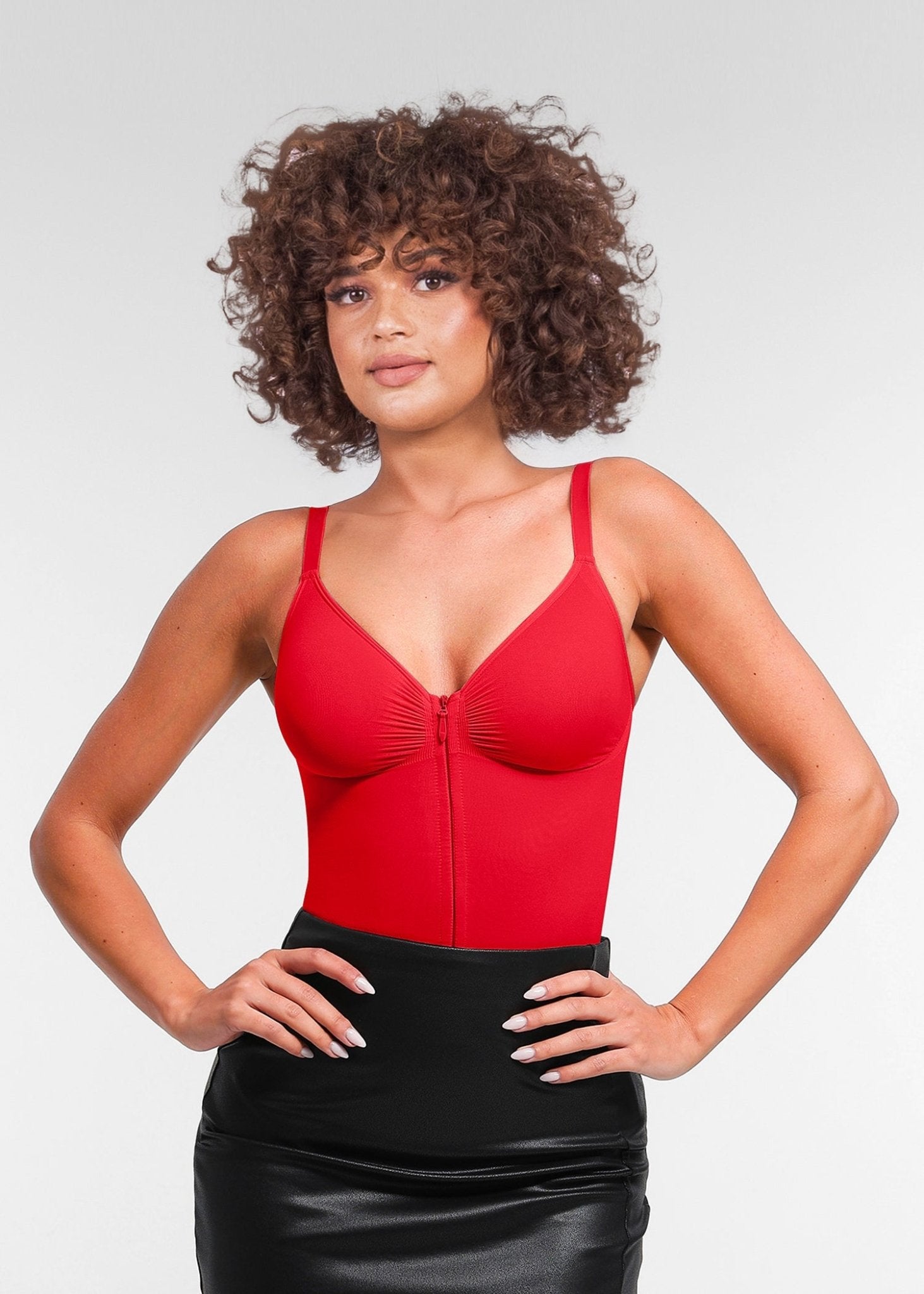 Stefanie Zipper - Seamless Plunge Bodysuit with Built-in Breast Support and Internal Clips